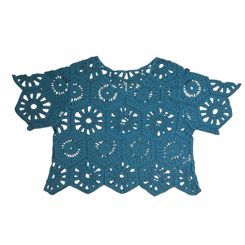 Vintage Teal Crochet Short Sleeve Top - No Size
